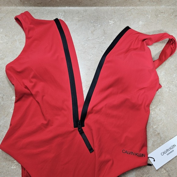 Calvin Klein Swimsuit‎ Womens Small Red One Piece Zip Front Swimwear Logo New - Picture 9 of 13